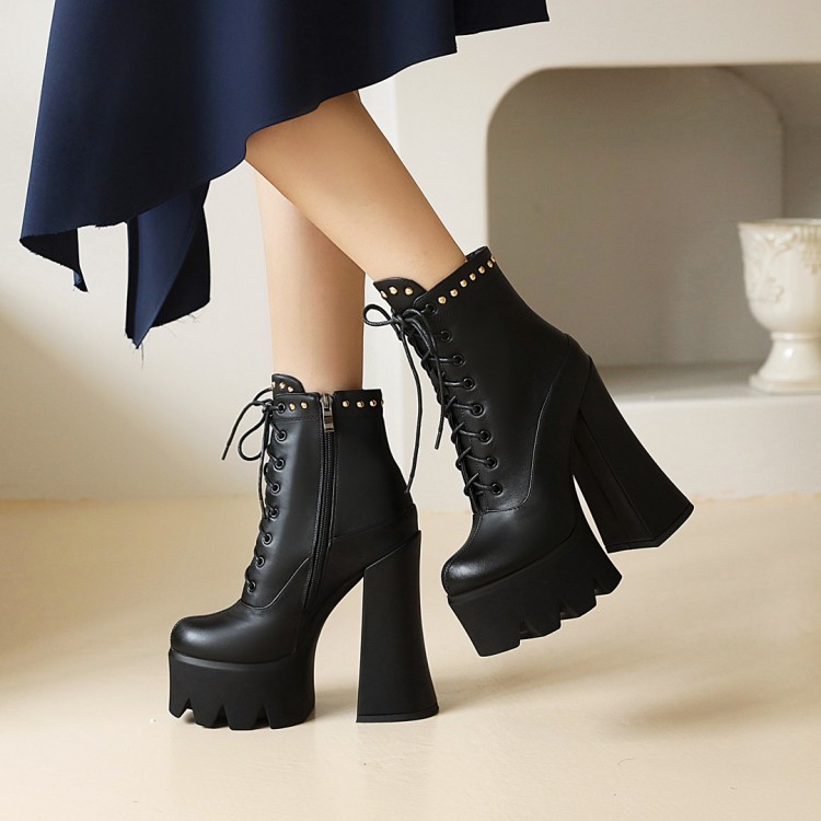 Women's Black PU Chunky High Heel Ankle Boots with Metal Studs and Platform