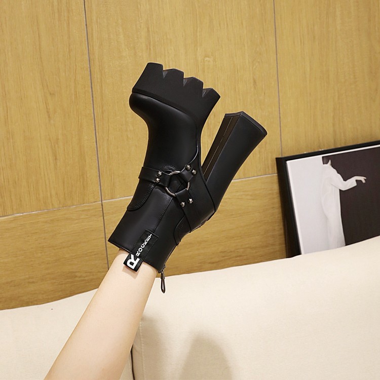 Women's Black PU High Heel Ankle Boots with Platform and Metal Decoration