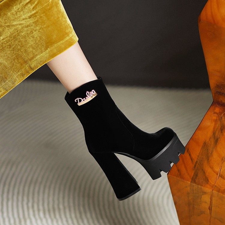 Women's Black Suede Chunky High Heel Short Boots with Rhinestone Metal Platform