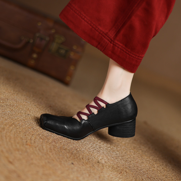Women's Brown Black Round Toe Chunky Mid Heel Pumps Spring 2025