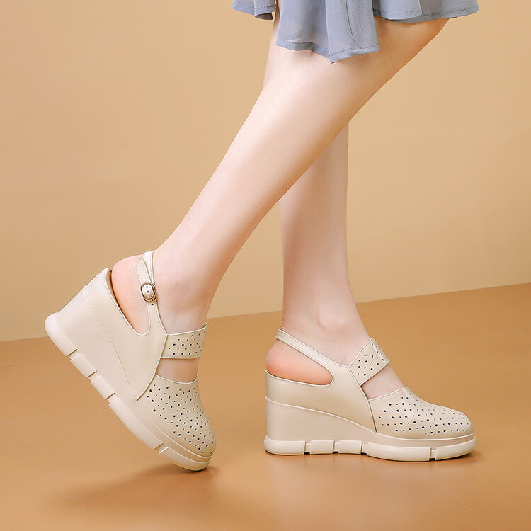 Women's Closed Toe High Heel Wedge Slippers in Genuine Leather