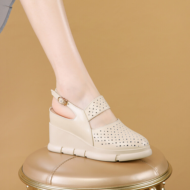 Women's Closed Toe High Heel Wedge Slippers in Genuine Leather - Image 3