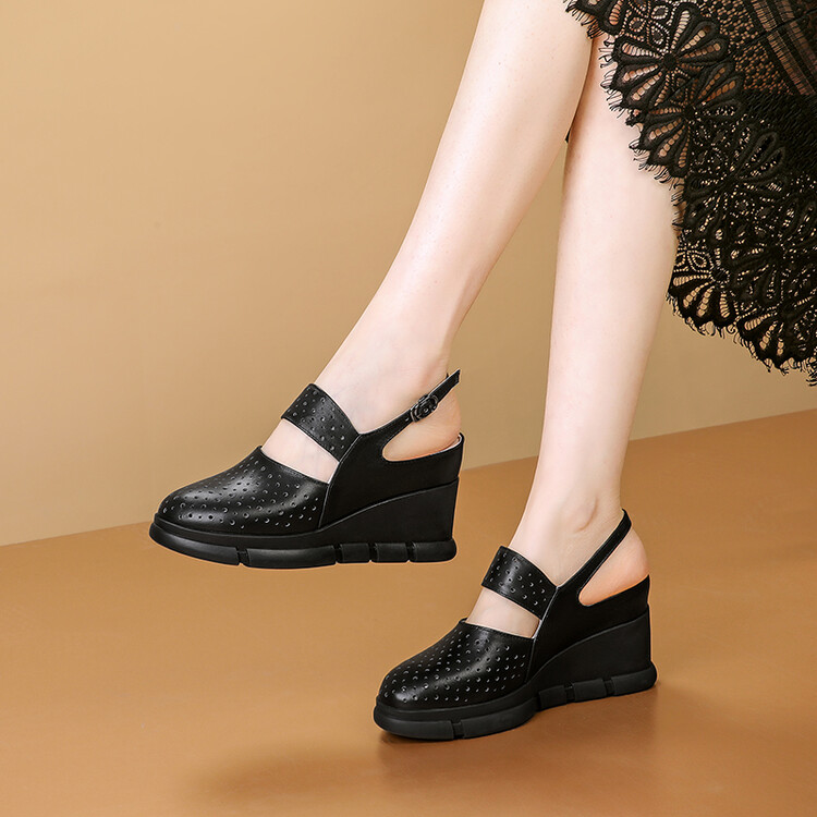 Women's Closed Toe High Heel Wedge Slippers in Genuine Leather - Image 5