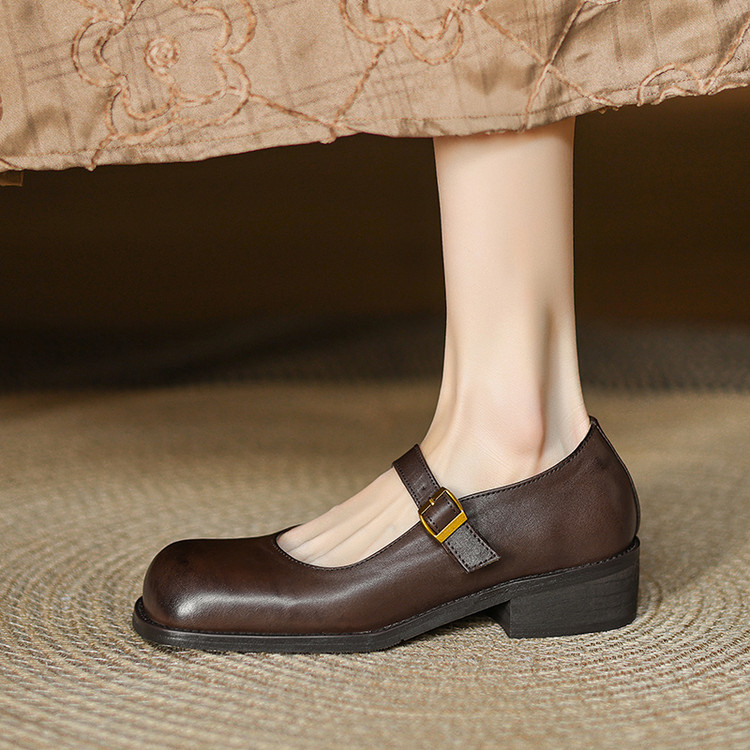 Women's Mary Jane Shoes Brown Black Leather Mid Heel Round Toe
