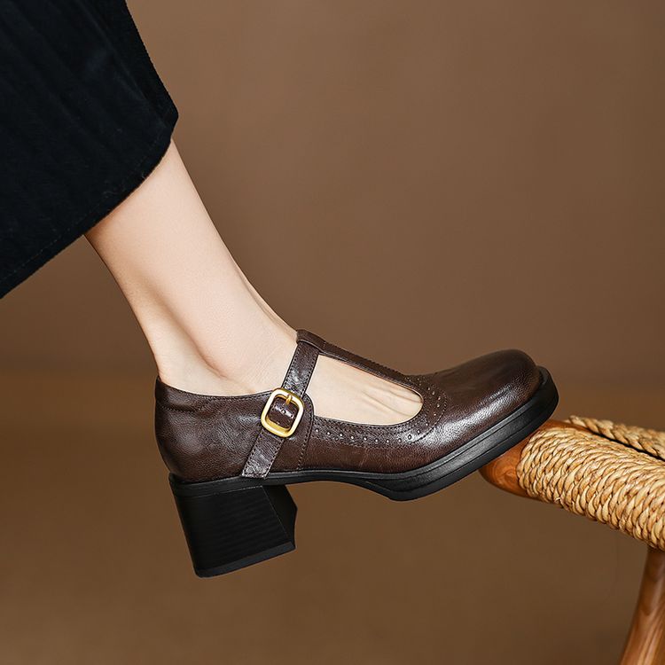 Women's Mary Jane Shoes Sheepskin Mid Chunky Heel Round Toe Spring 2025