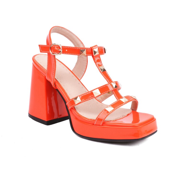 Women's Square Toe Chunky High Heel Sandals with Patent Leather Upper